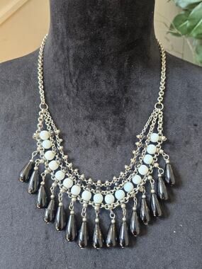 Silver Tone White Beaded Black Teardrop Bib Statement Necklace